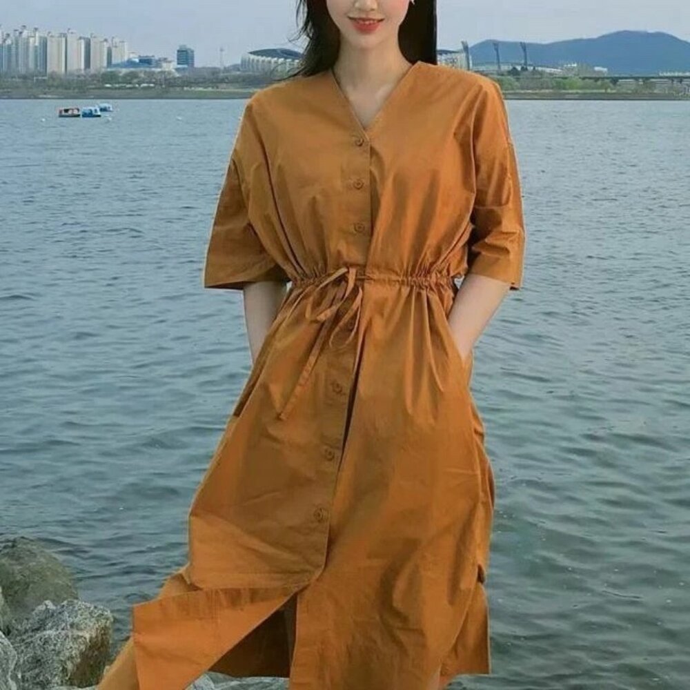 UNIQLO U Short Sleeve Shirt Dress in Yellow Size Small S